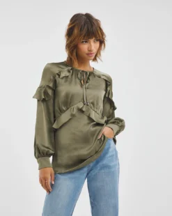 Joanna Hope Frill Tie Neck Blouse| Khaki