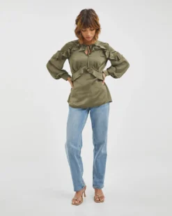 Joanna Hope Frill Tie Neck Blouse| Khaki -Cheap Wovinity Store x01ii177731w