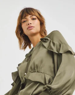 Joanna Hope Frill Tie Neck Blouse| Khaki -Cheap Wovinity Store x01ii177732w