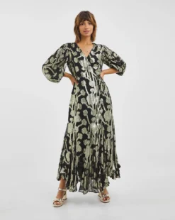 Joanna Hope Jacquard Wrap Dress| Black/Gold