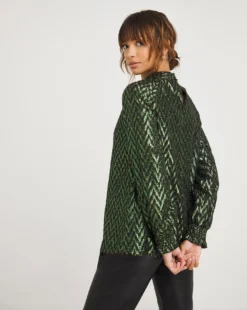 Joanna Hope Metallic Dobby Chevron Blouse| Green -Cheap Wovinity Store x01ii461710w