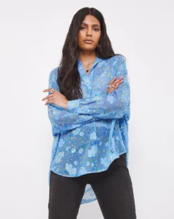 French Connection Ferna Bella Rhodes Popover Blouse| Blue Multi-coloured