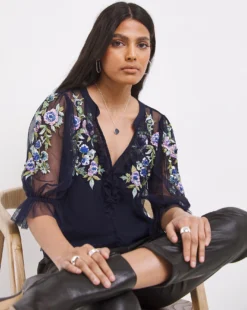 French Connection Ambre Embellished Cluster Puff-Sleeve Top| Indigo