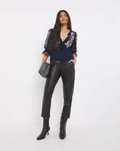 French Connection Ambre Embellished Cluster Puff-Sleeve Top| Indigo -Cheap Wovinity Store x01km841760w