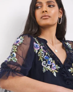 French Connection Ambre Embellished Cluster Puff-Sleeve Top| Indigo -Cheap Wovinity Store x01km841761w