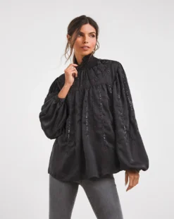Jonna Hope High Neck Beaded Blouse| Charcoal