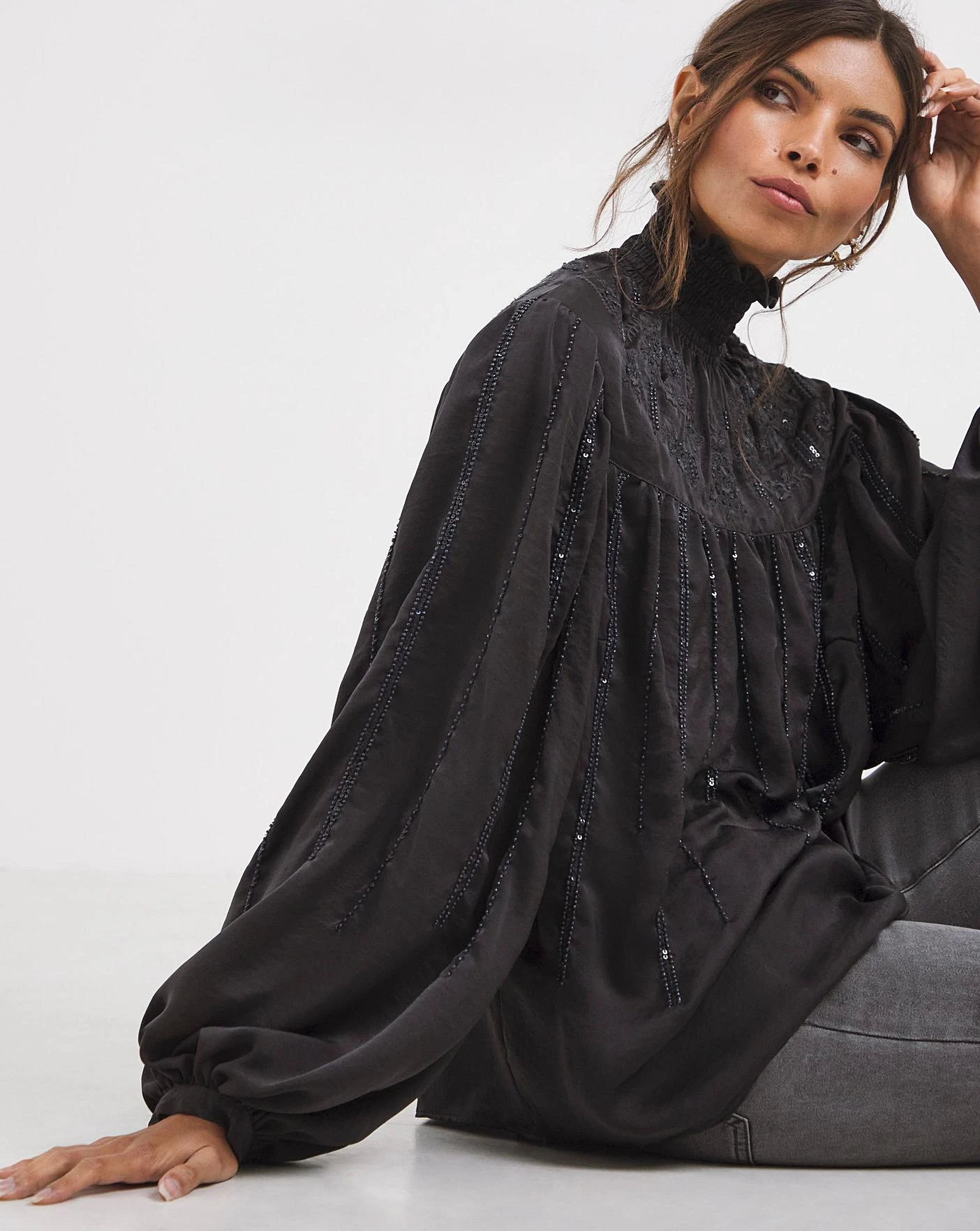 Jonna Hope High Neck Beaded Blouse| Charcoal 2 Jonna Hope High Neck Beaded Blouse| Charcoal - Image 2