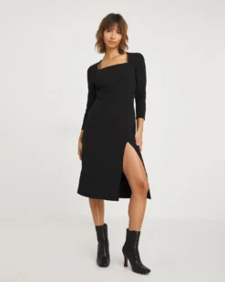 Marilyn Square Neck Scuba Crepe Dress| Black