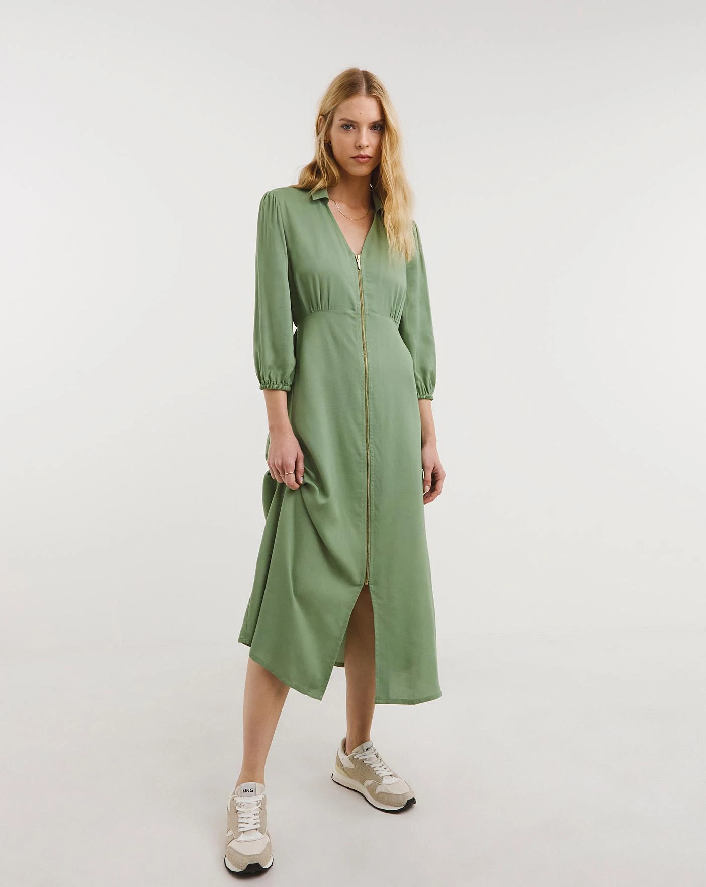 Pistachio Zip Front Shirt Dress With Open Neck| Pistachio 1 Pistachio Zip Front Shirt Dress With Open Neck| Pistachio