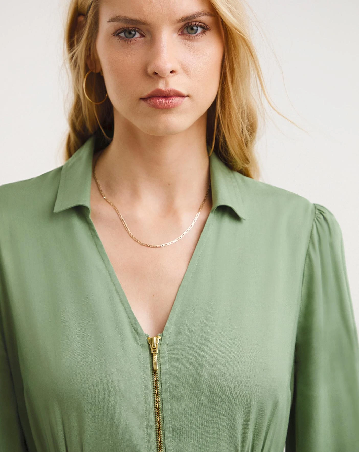 Pistachio Zip Front Shirt Dress With Open Neck| Pistachio 3 Pistachio Zip Front Shirt Dress With Open Neck| Pistachio - Image 3