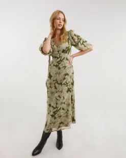 Cheap Wovinity Store 37 Chiffon Tea Dress With Puff Sleeves| Green Floral