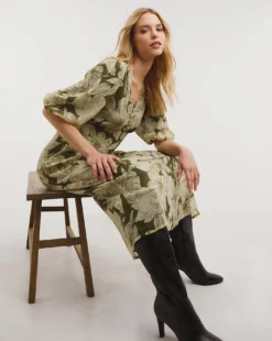 Chiffon Tea Dress With Puff Sleeves| Green Floral -Cheap Wovinity Store x01rn621743w