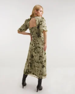Chiffon Tea Dress With Puff Sleeves| Green Floral -Cheap Wovinity Store x01rn621744w