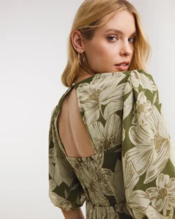 Chiffon Tea Dress With Puff Sleeves| Green Floral -Cheap Wovinity Store x01rn621745w