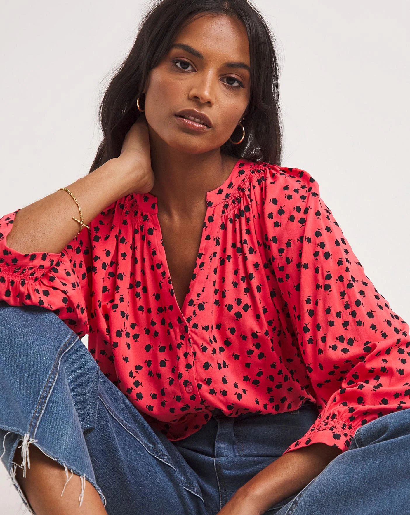 Red Floral Three Quarter Length Sleeve Shirred Detail Viscose Collarless Blouse| Pink Floral 4 Red Floral Three Quarter Length Sleeve Shirred Detail Viscose Collarless Blouse| Pink Floral - Image 4