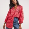 Red Floral Three Quarter Length Sleeve Shirred Detail Viscose Collarless Blouse| Pink Floral