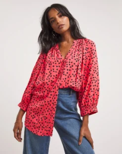 Red Floral Three Quarter Length Sleeve Shirred Detail Viscose Collarless Blouse| Pink Floral