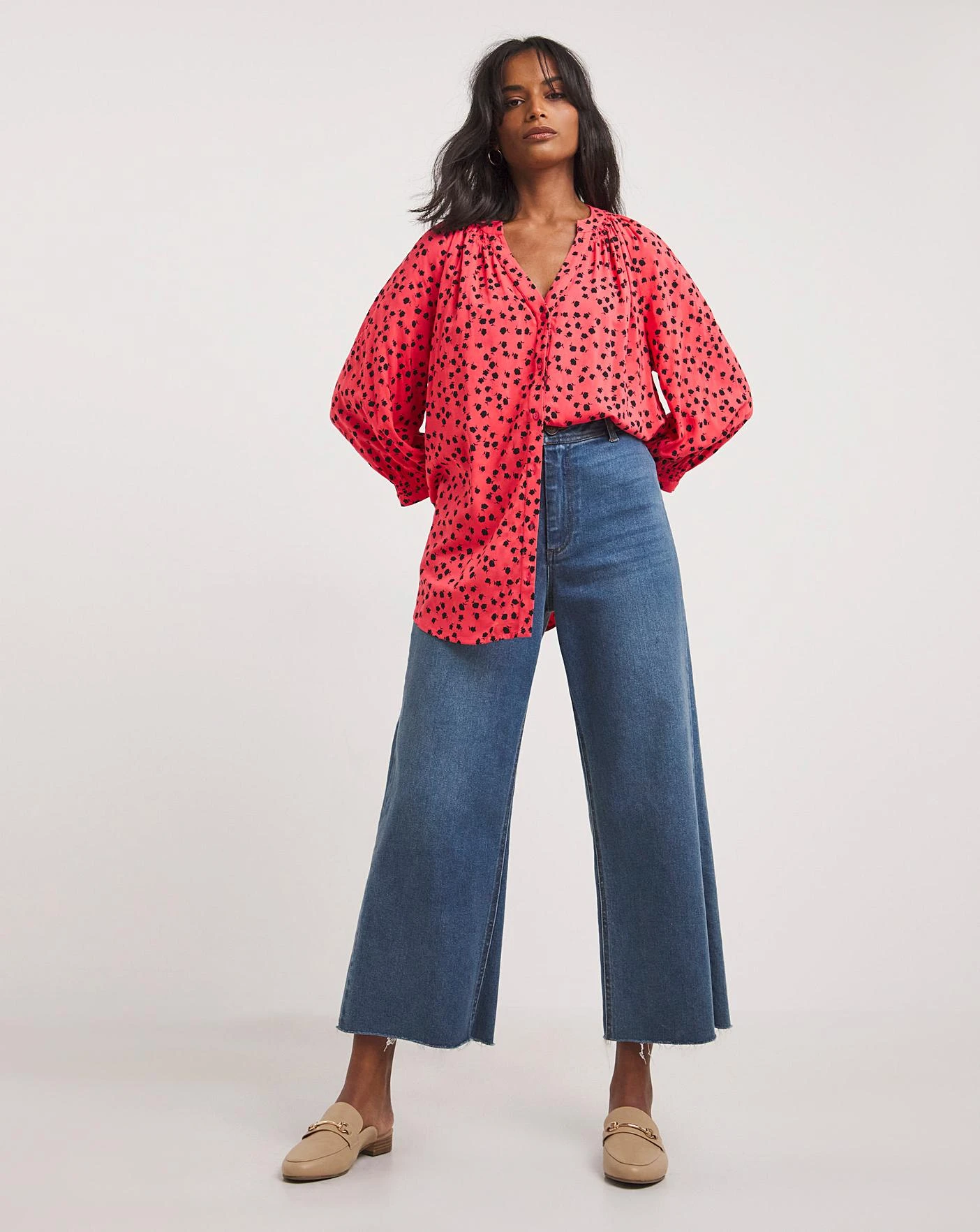 Red Floral Three Quarter Length Sleeve Shirred Detail Viscose Collarless Blouse| Pink Floral 2 Red Floral Three Quarter Length Sleeve Shirred Detail Viscose Collarless Blouse| Pink Floral - Image 2
