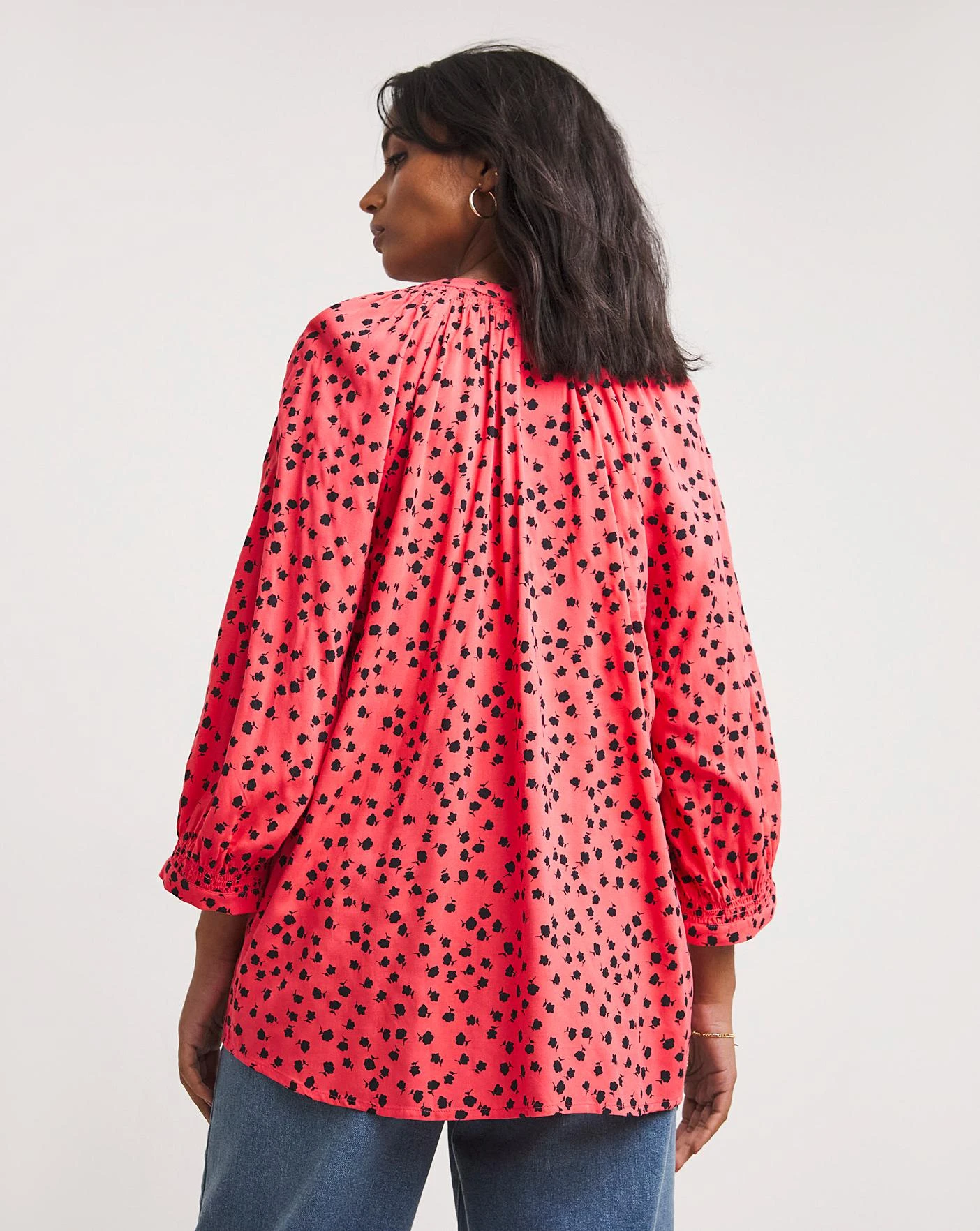 Red Floral Three Quarter Length Sleeve Shirred Detail Viscose Collarless Blouse| Pink Floral 3 Red Floral Three Quarter Length Sleeve Shirred Detail Viscose Collarless Blouse| Pink Floral - Image 3