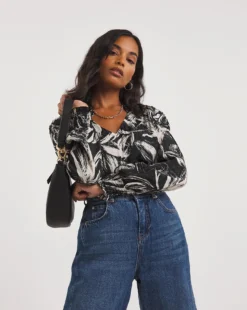 Mono Print V Neck Satin Jacquard Top| Mono Spot