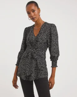 Tie Front V Neck Blouse| Mono Print