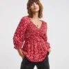 Red Print Shirred Bodice V Neck Top| Red Print