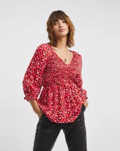 Red Print Shirred Bodice V Neck Top| Red Print