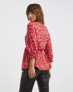 Red Print Shirred Bodice V Neck Top| Red Print 7 Red Print Shirred Bodice V Neck Top| Red Print -Cheap Wovinity Store x01tu534796w