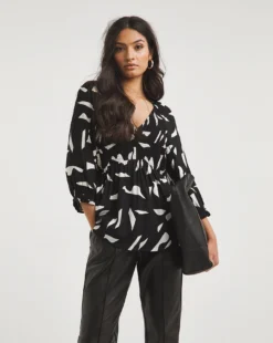 Mono Print Shirred Bodice V Neck Top| Mono Print