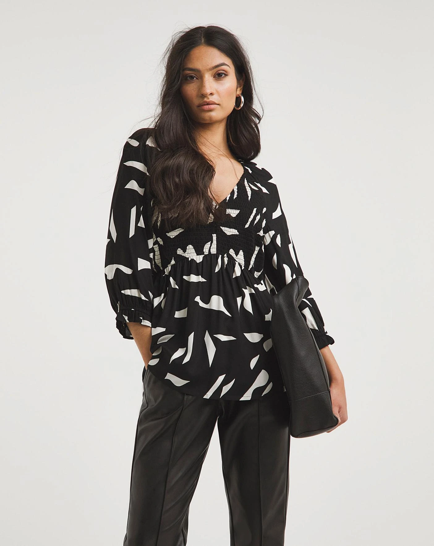 Mono Print Shirred Bodice V Neck Top| Mono Print 1 Mono Print Shirred Bodice V Neck Top| Mono Print