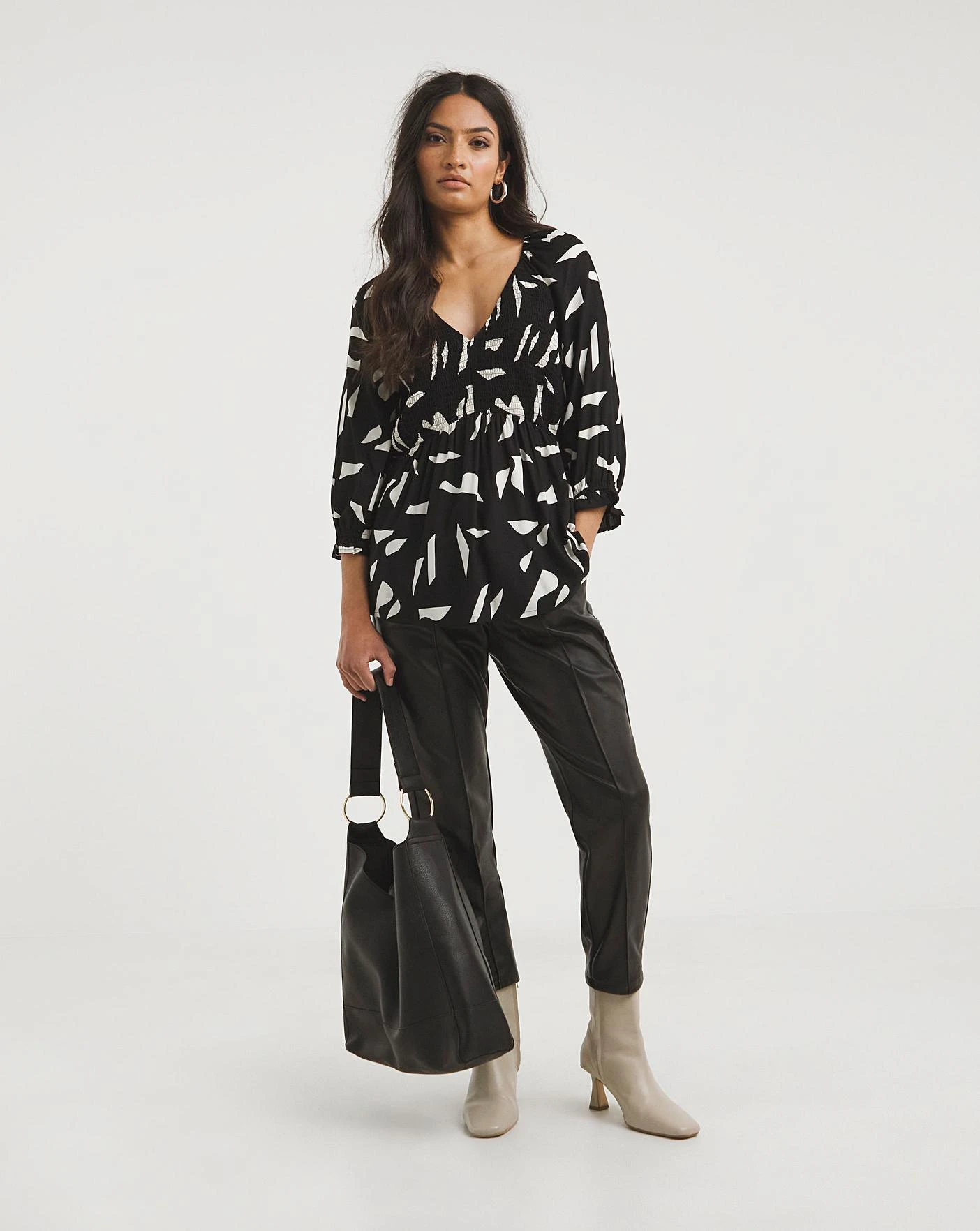 Mono Print Shirred Bodice V Neck Top| Mono Print 3 Mono Print Shirred Bodice V Neck Top| Mono Print - Image 3