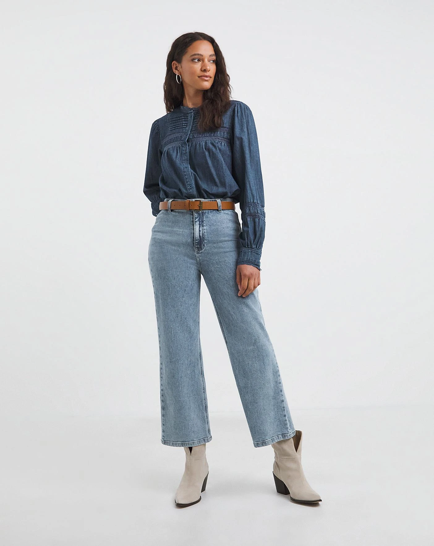 Mid Blue Lace Insert Denim Blouse| Mid Blue 2 Mid Blue Lace Insert Denim Blouse| Mid Blue - Image 2