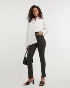 Black Coated Splitfront Hem Slim Jeans| Black