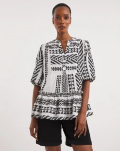 V Neck Embroidered Top| Mono Print