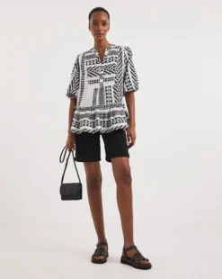 V Neck Embroidered Top| Mono Print 6 V Neck Embroidered Top| Mono Print -Cheap Wovinity Store y01gp184707w