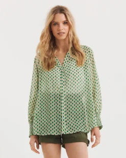 Geo Print Sheer Shirred Shoulder Shirt| Geo Print
