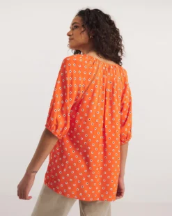 Red Print Lace Insert Viscose Collarless Blouse| Red Print -Cheap Wovinity Store y01gp253708w