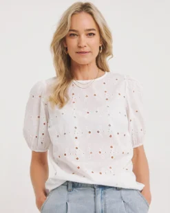 White Puff Sleeve Broderie Top| White