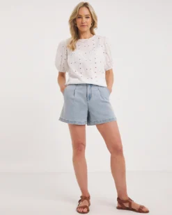 White Puff Sleeve Broderie Top| White -Cheap Wovinity Store y01gp443706w