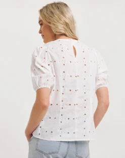 White Puff Sleeve Broderie Top| White -Cheap Wovinity Store y01gp443708w