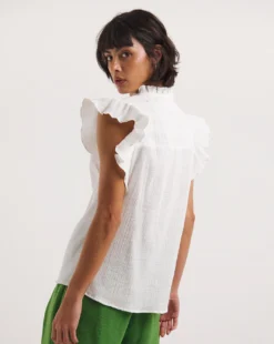 White Cheesecloth Frill Sleeve Top -Cheap Wovinity Store y01gp468728w
