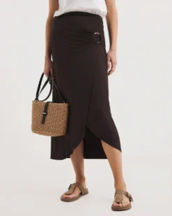 Chocolate Stretch Jersey Ring Detail Mock Wrap Skirt| Chocolate -Cheap Wovinity Store y01gz465720w