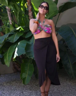 Chocolate Stretch Jersey Ring Detail Mock Wrap Skirt| Chocolate