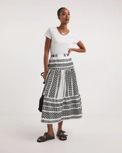 Mono Print Tiered Aztec Full Maxi Skirt| Mono Print