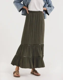 Khaki Crinkle Midi Skirt With Ladder Trim| Khaki -Cheap Wovinity Store y01gz603720w