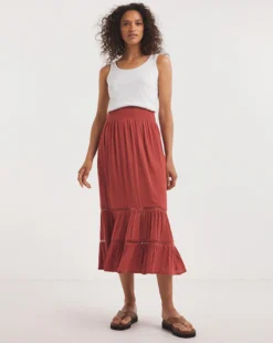 Cinnamon Crinkle Midi Skirt With Ladder Trim| Cinnamon