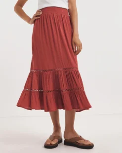 Cinnamon Crinkle Midi Skirt With Ladder Trim| Cinnamon -Cheap Wovinity Store y01gz634740w