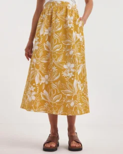 Yellow Print Linen Mix Maxi Skirt| Yellow Floral -Cheap Wovinity Store y01gz641743w