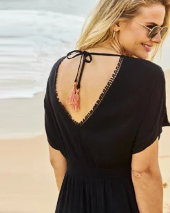 Sosandar Black Embroidered Floral Detail Tie Back Beach Kaftan| Black -Cheap Wovinity Store y01lo073502s