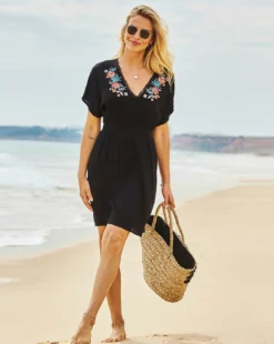 Sosandar Black Embroidered Floral Detail Tie Back Beach Kaftan| Black -Cheap Wovinity Store y01lo073503s